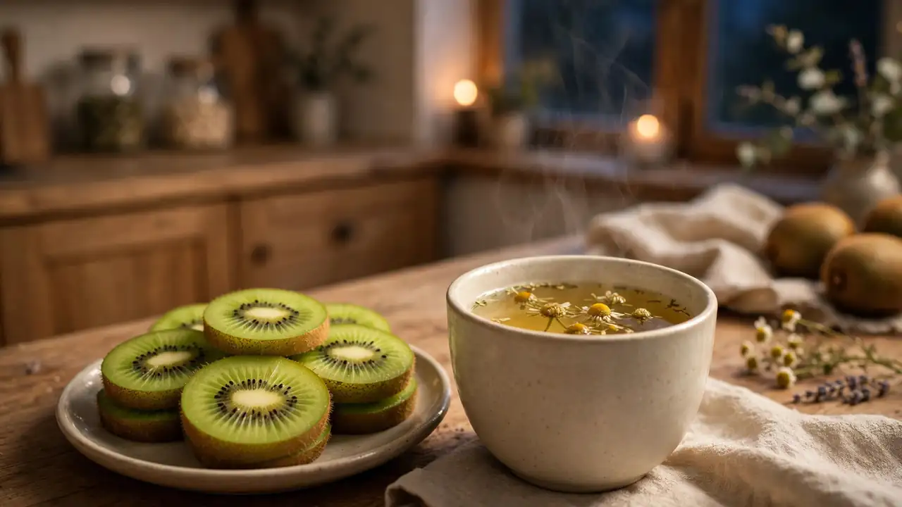 Sliced kiwi fruit on a small plate beside a cup of chamomile tea in the evening.