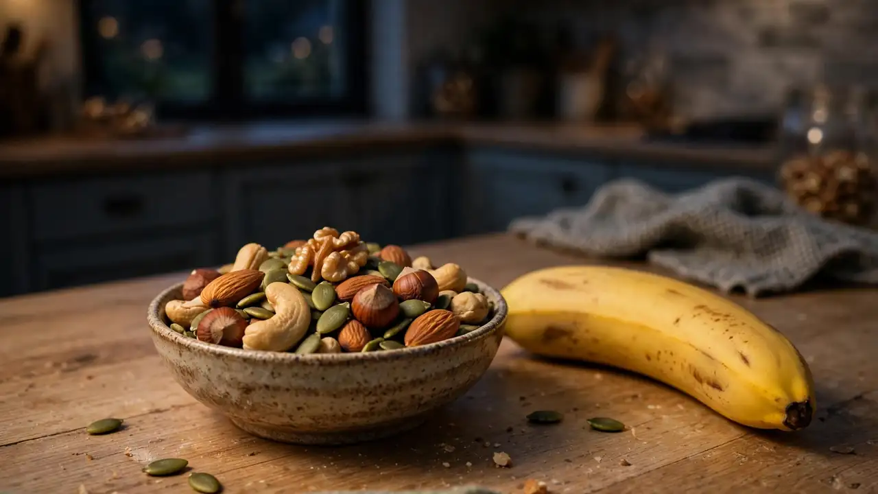 A small bowl of mixed nuts, pumpkin seeds and a banana on a kitchen counter.
