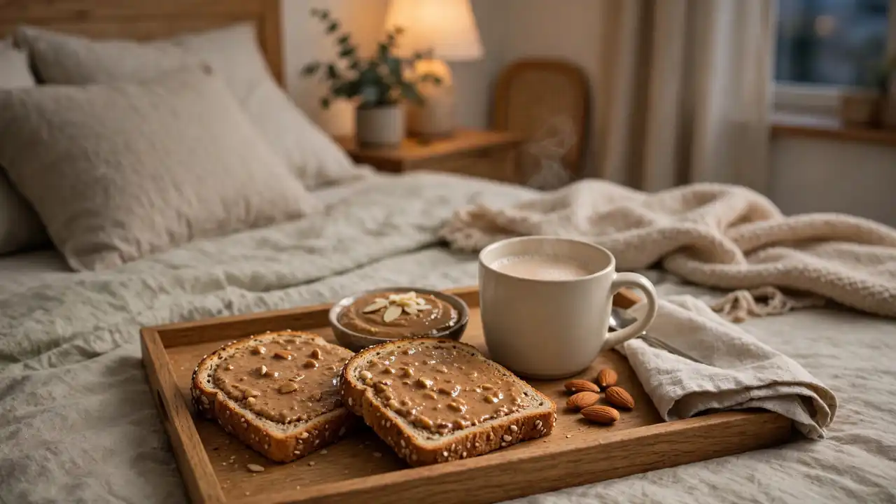 A light evening snack of wholegrain toast with almond butter and warm milk on a tray.