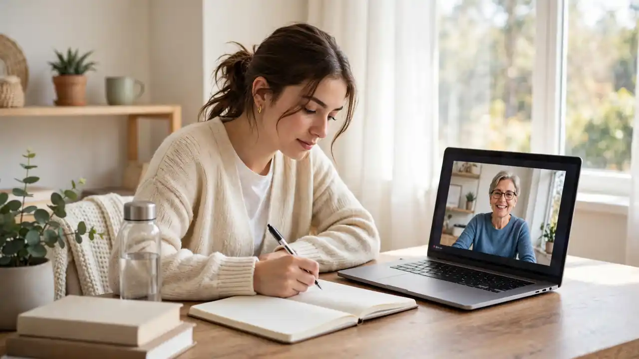 A student taking notes during an online video lesson on a laptop