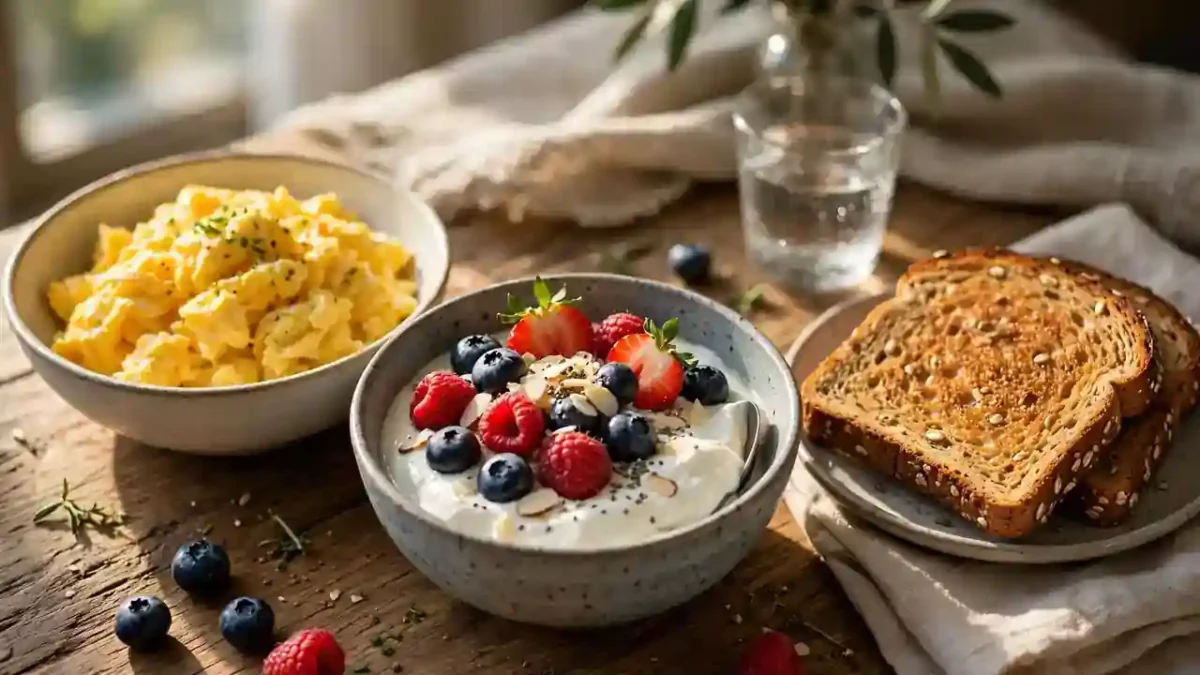 A high-protein breakfast table with scrambled eggs, a Greek yogurt bowl with berries, and wholegrain toast.