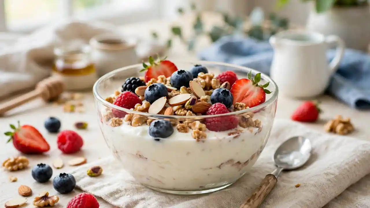 A Greek yogurt parfait with berries and nuts in a glass bowl.