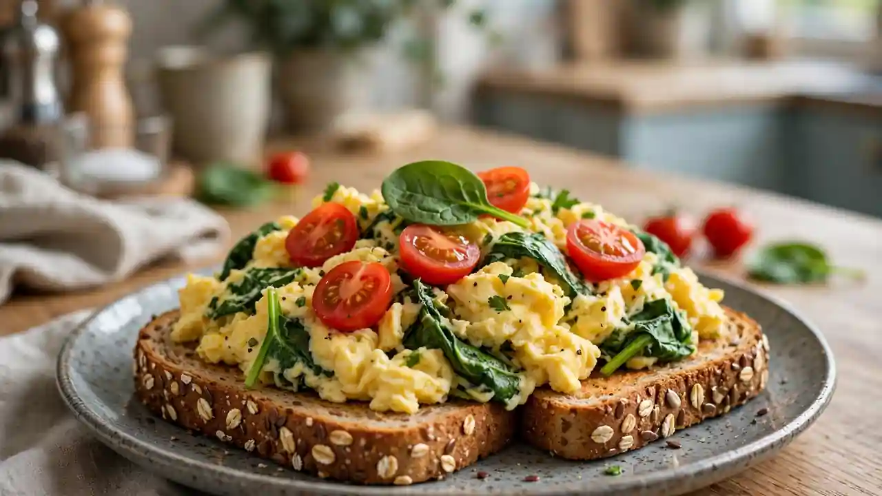 Scrambled eggs with spinach and tomatoes on wholegrain toast.