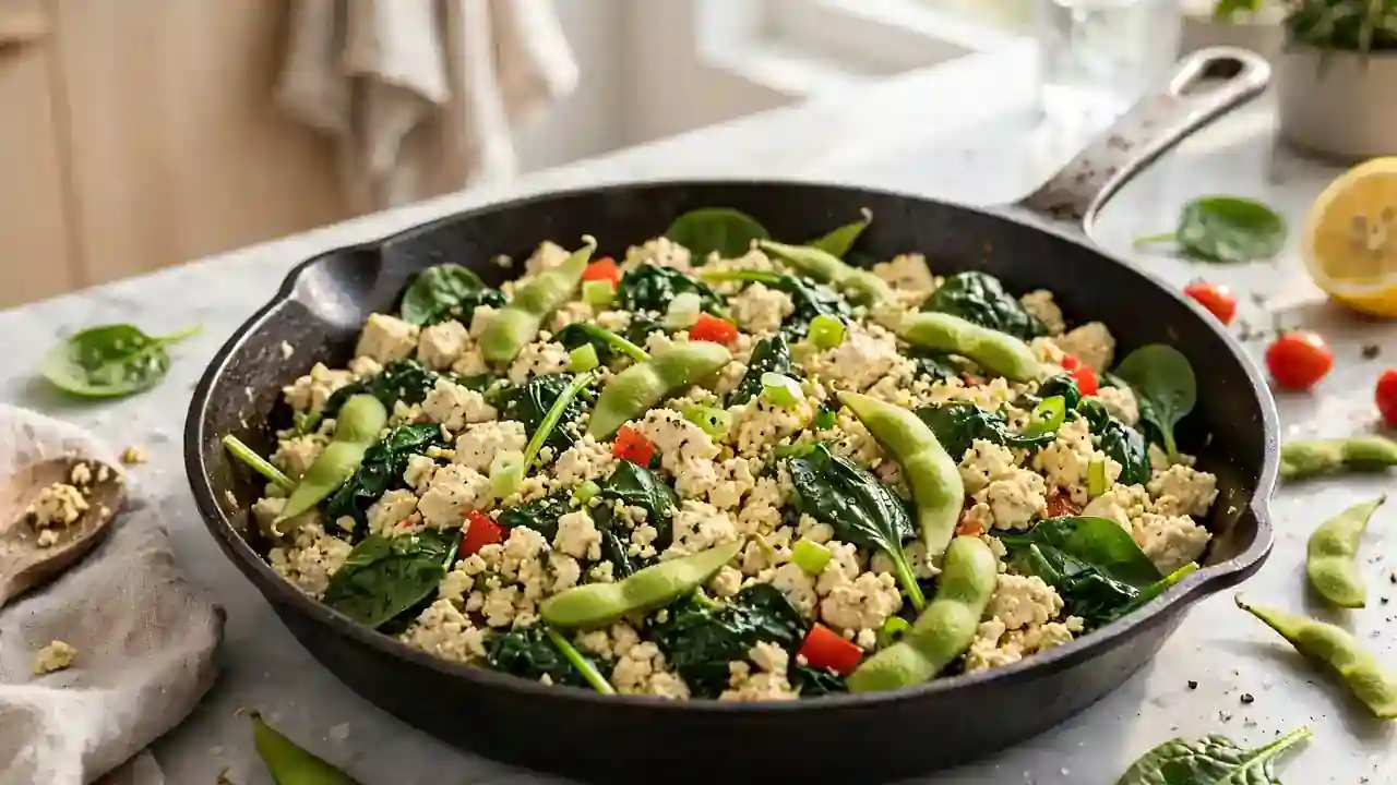 A tofu and vegetable scramble with edamame and spinach in a pan.