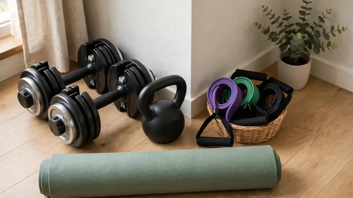 Adjustable dumbbells, resistance bands, a kettlebell and a yoga mat arranged in a small home corner.