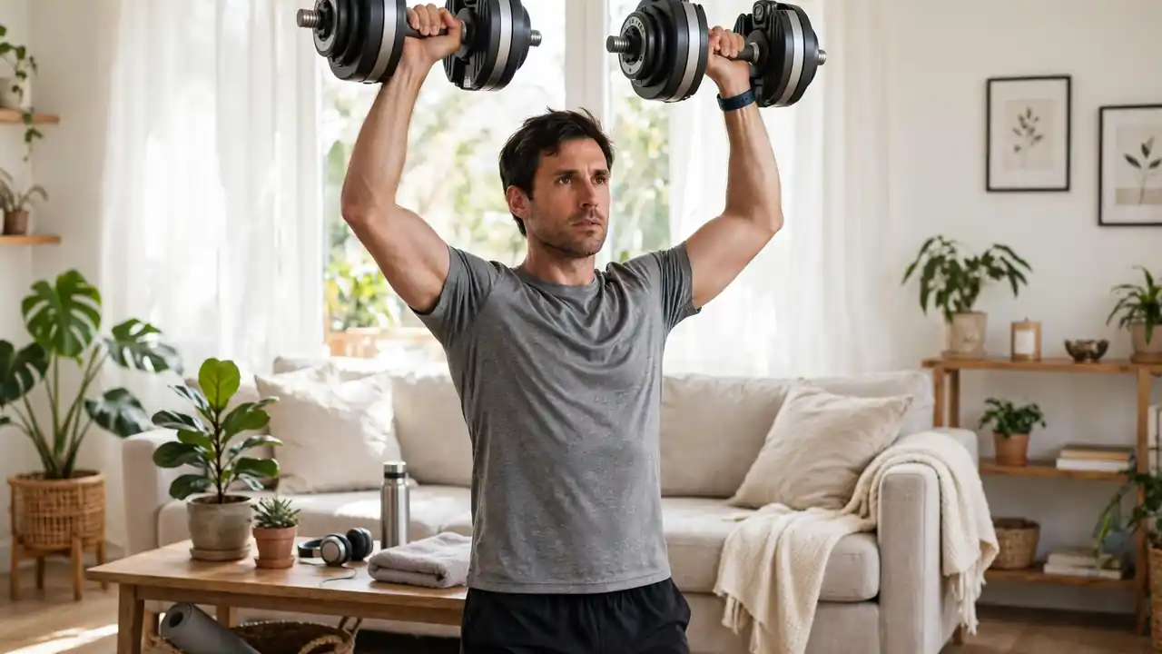A person lifting adjustable dumbbells at home doing a shoulder press.