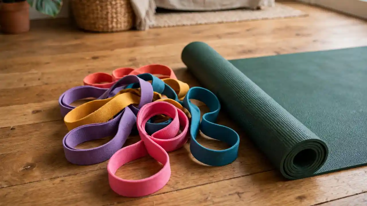 Colourful fabric resistance bands on a wooden floor beside a yoga mat.