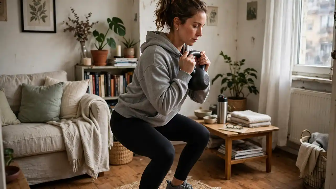 A person doing a kettlebell goblet squat at home in a small apartment.