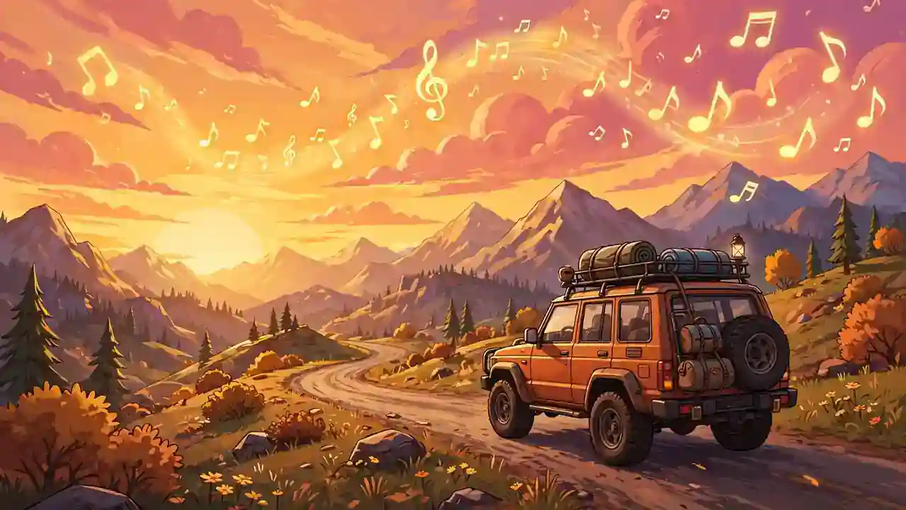 Car on an open road trip at sunset with mountains and musical notes in the sky