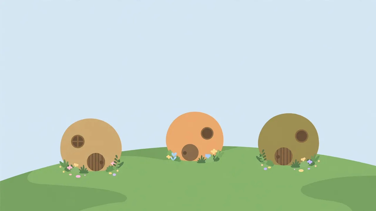 Three small round mouse houses with tiny gardens on a green hill