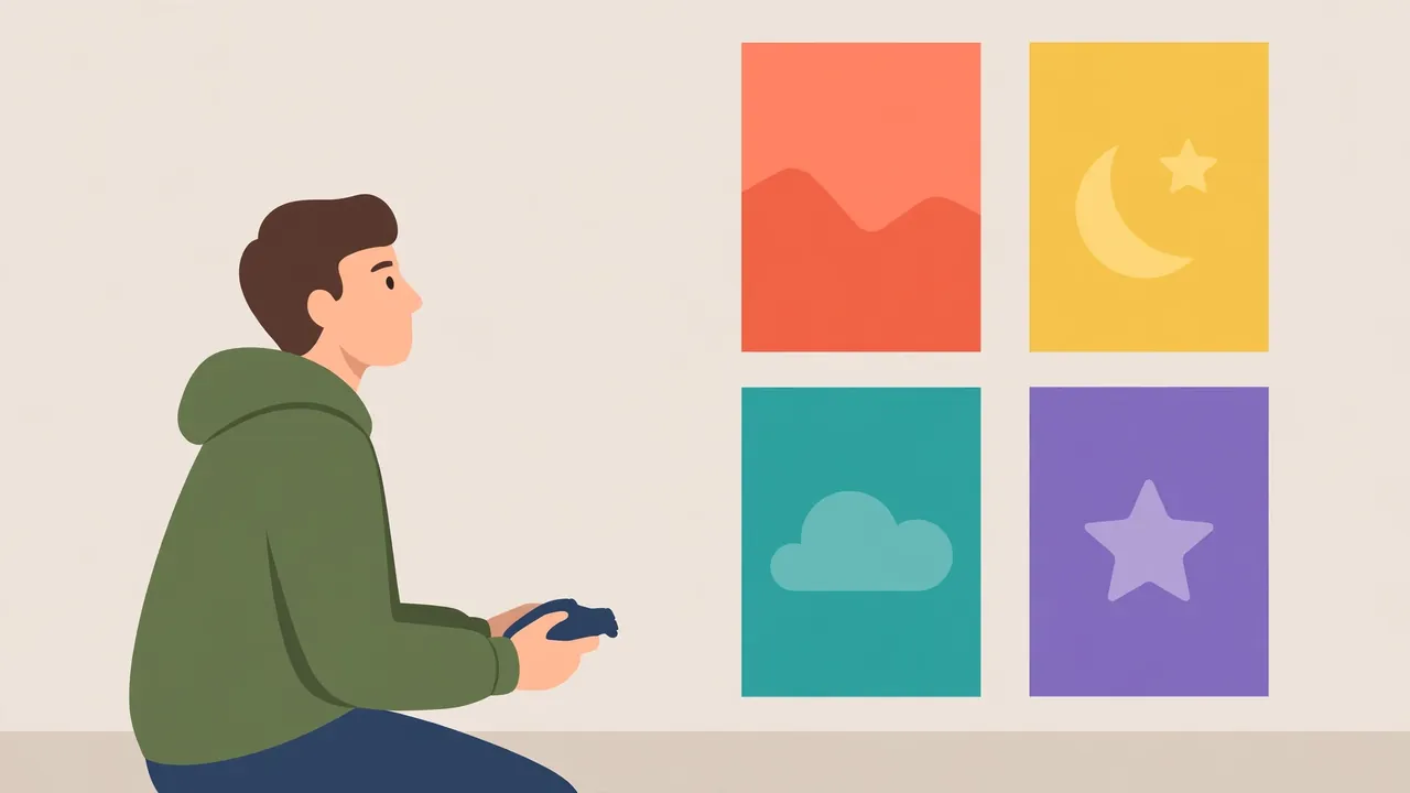 Person holding a game controller looking at a wall of four plain coloured game posters