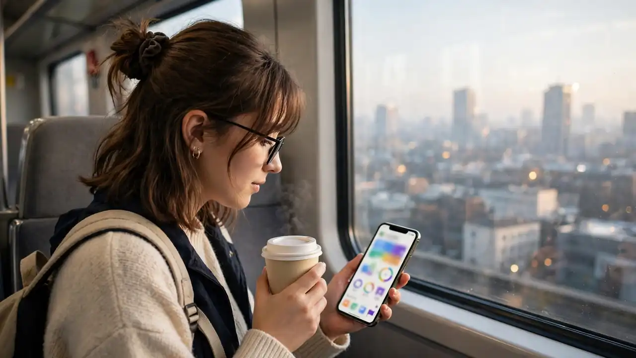 A student doing a short daily language lesson on a phone on a morning train.