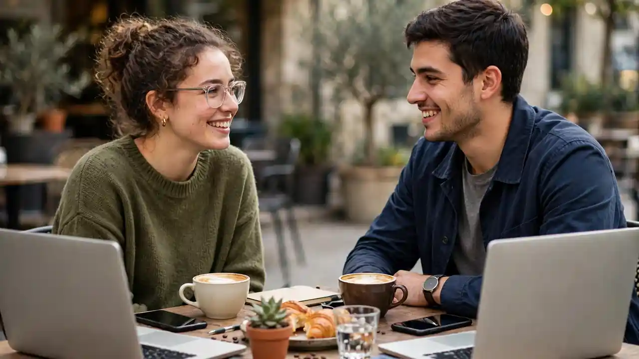 Two friends practicing conversation in a new language over coffee at a cafe table.