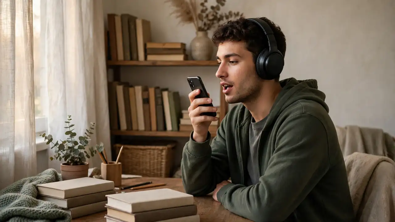 A person wearing headphones speaking into a phone for pronunciation practice in a quiet home study corner.