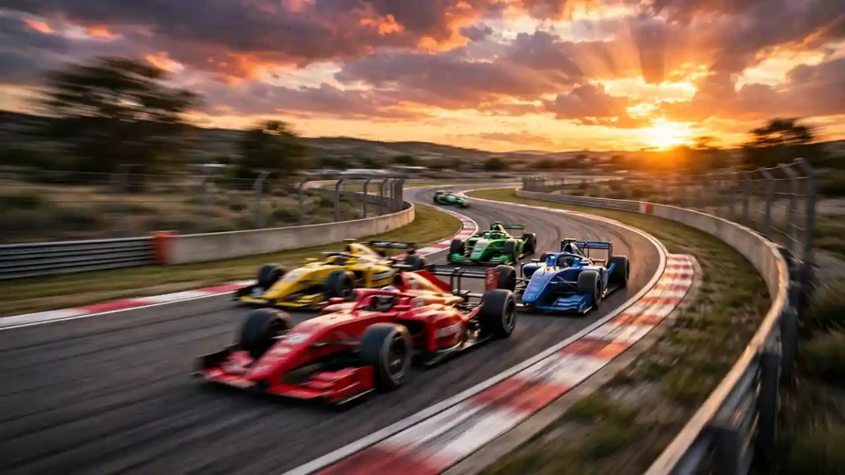 Race cars speeding around a racetrack corner at sunset with motion blur.