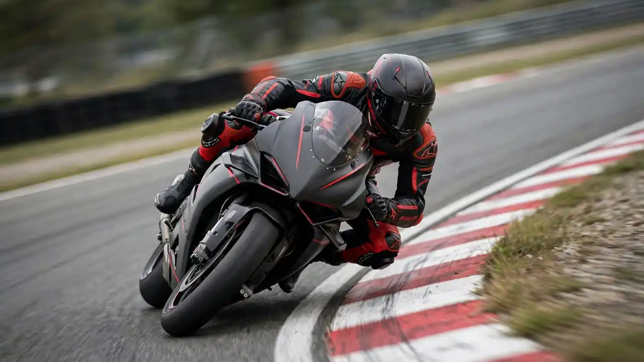A motorcycle racer leaning into a fast corner on a racetrack.