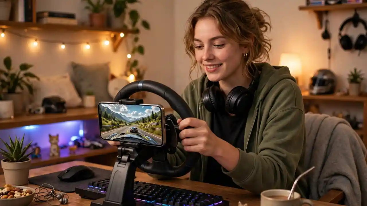 A person playing a racing game on a phone at home.