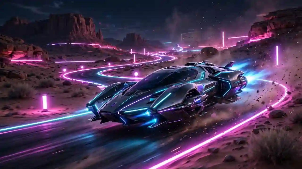 A futuristic racing vehicle speeding through a neon desert track at night.
