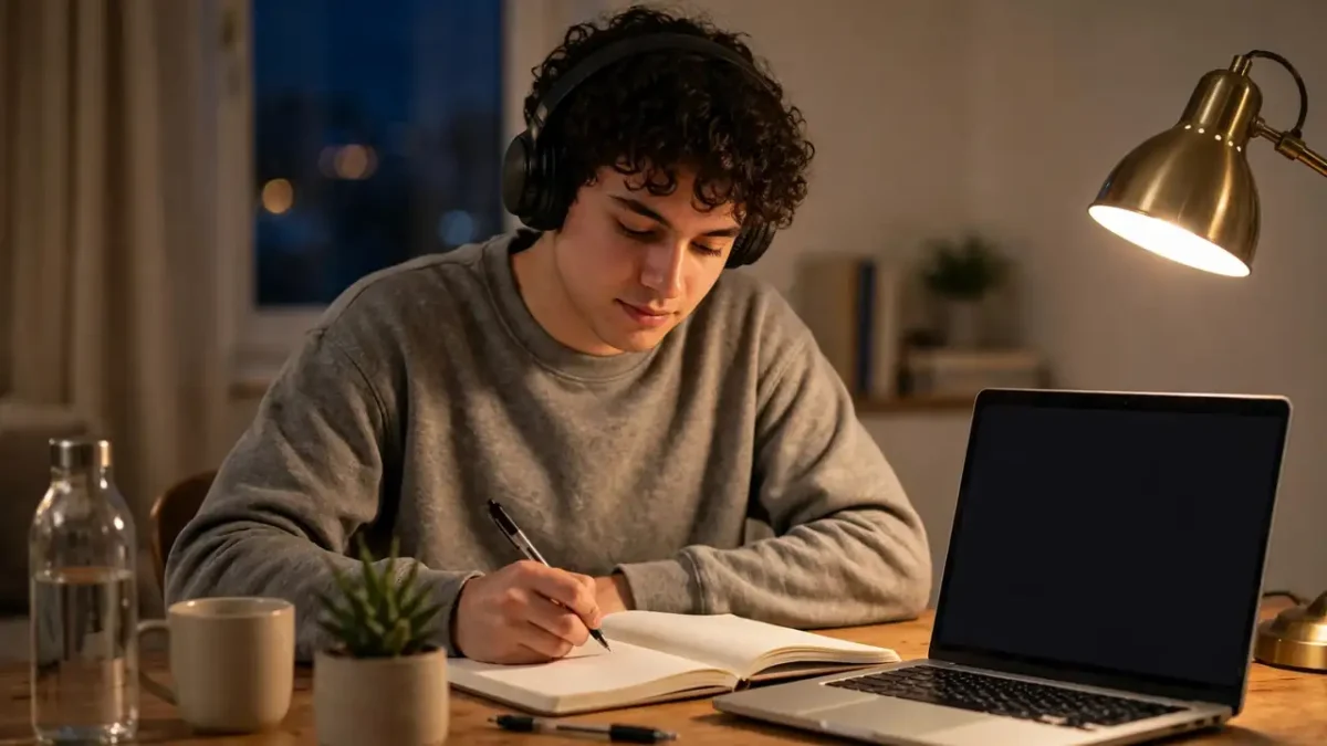 A student studying at a tidy desk with headphones, laptop and notebook in warm evening light.