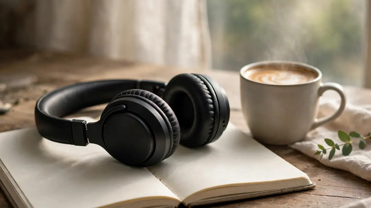 Headphones resting on an open notebook beside a cup of coffee.
