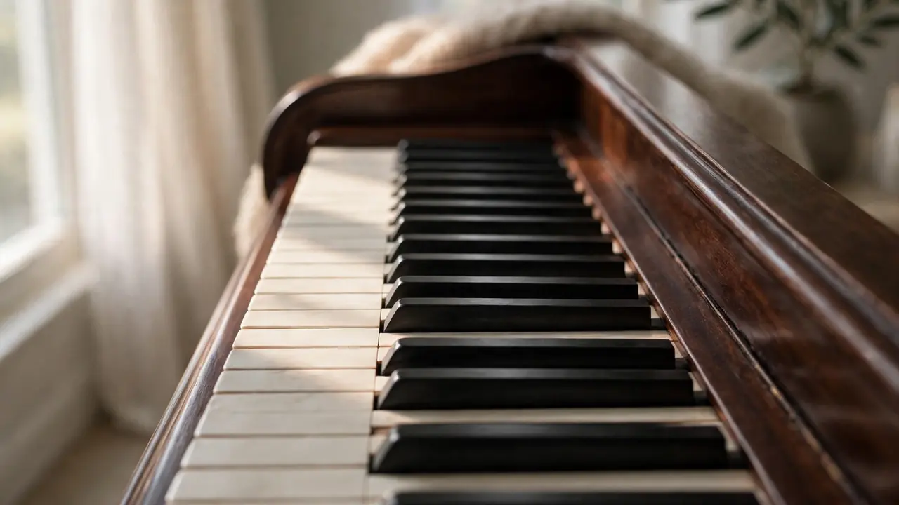 A grand piano keyboard in a quiet room with soft window light.