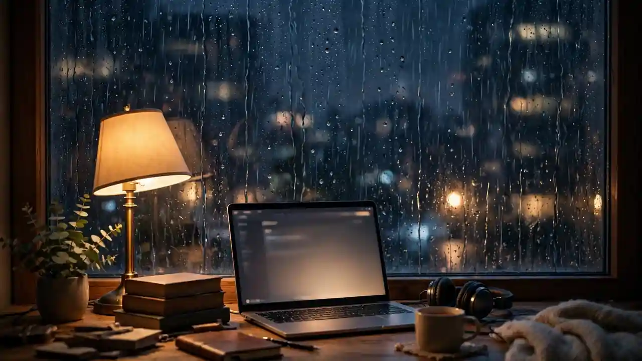 Rain on a window at night with a warm lamp and a glowing laptop.