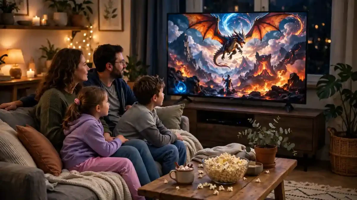 A cosy living room at night with a family watching a big television, popcorn on the table.