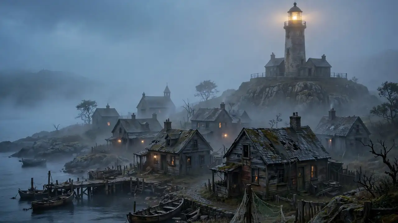 A foggy small coastal island town at dusk with spooky old houses.