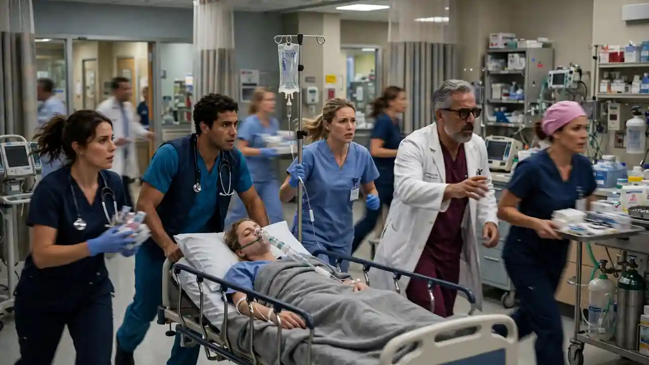 A busy hospital emergency department with doctors and nurses rushing.
