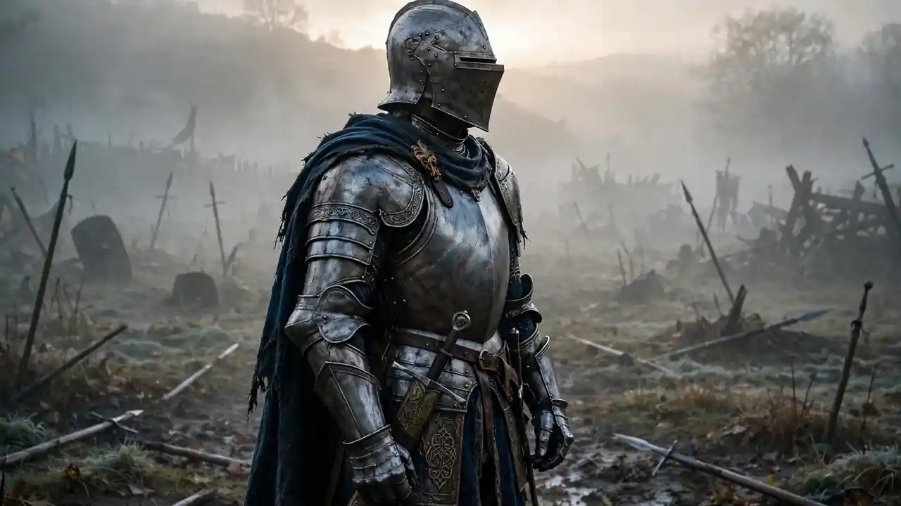 A medieval knight in armour standing on a misty battlefield at dawn.