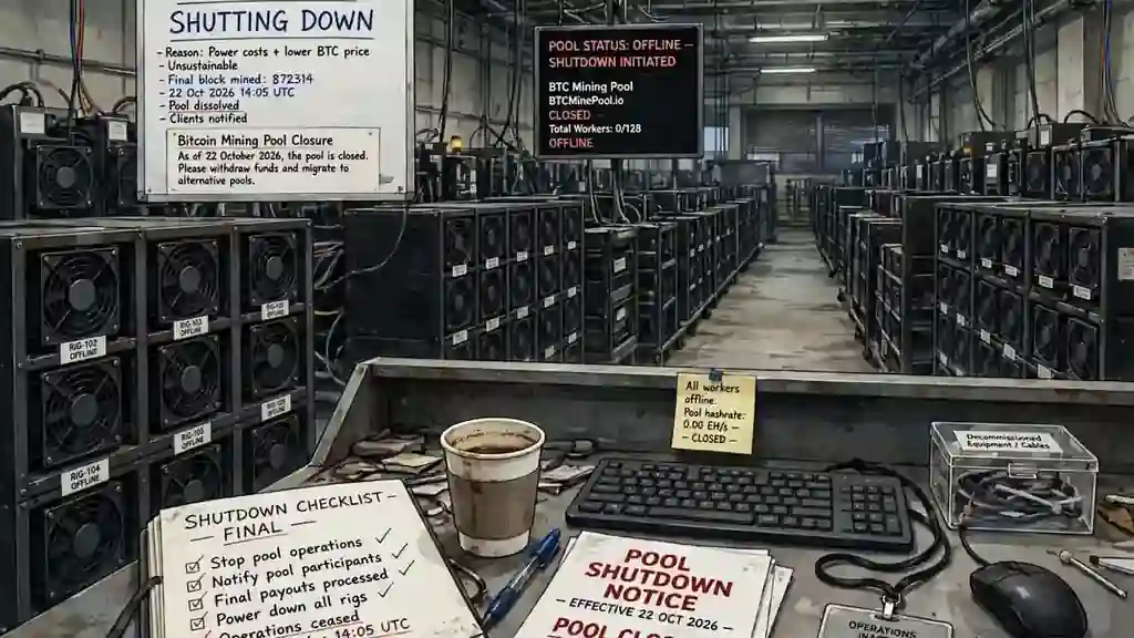 Rows of dark, switched-off mining machines in a quiet facility, after Binance Pool announced it will shut down on November 10.