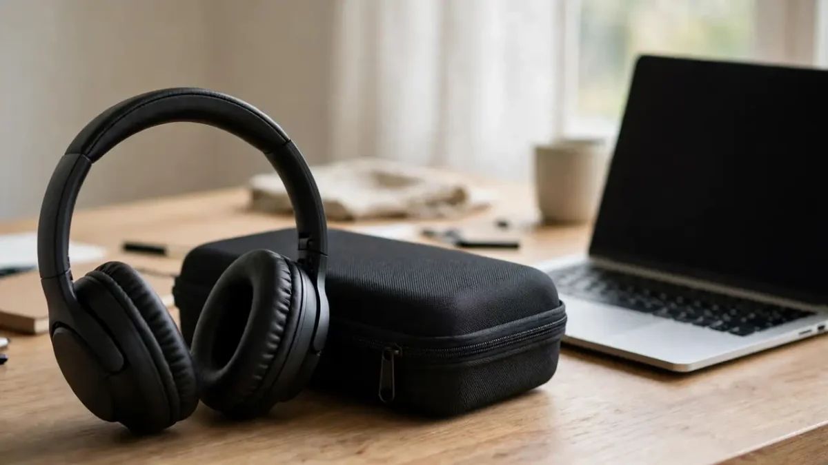 Black over-ear noise cancelling headphones on a desk beside a travel case and a laptop.