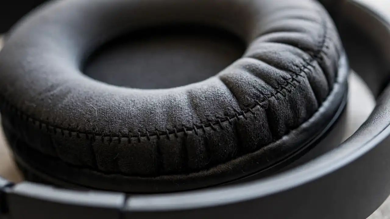 Close-up of a soft padded ear cushion on over-ear headphones.