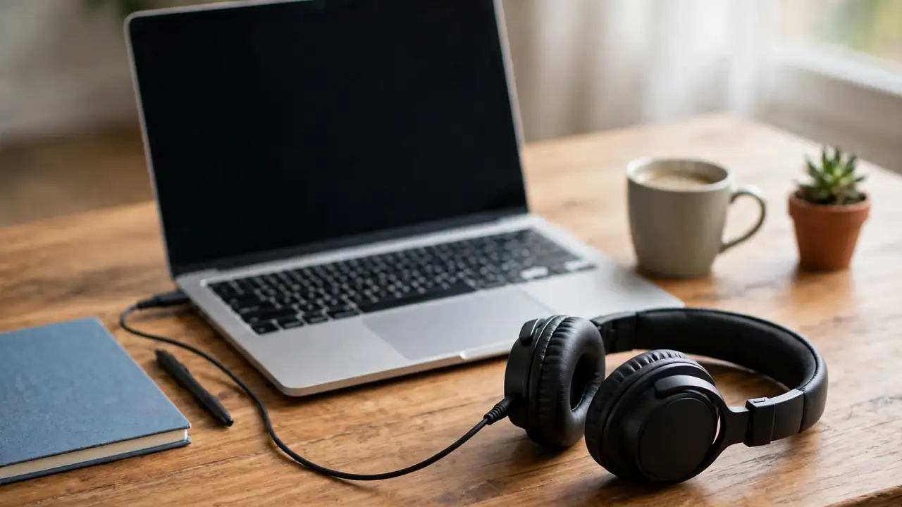 Over-ear headphones connected by a cable to a laptop on a desk.