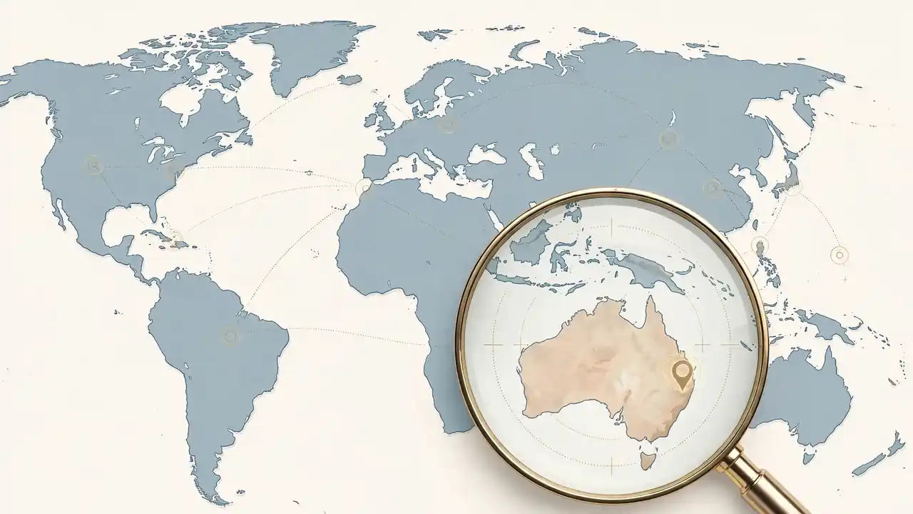 A world map with a magnifying glass focused on Australia, symbolising Brisbane 2032's global search for Cindy Hook's successor.