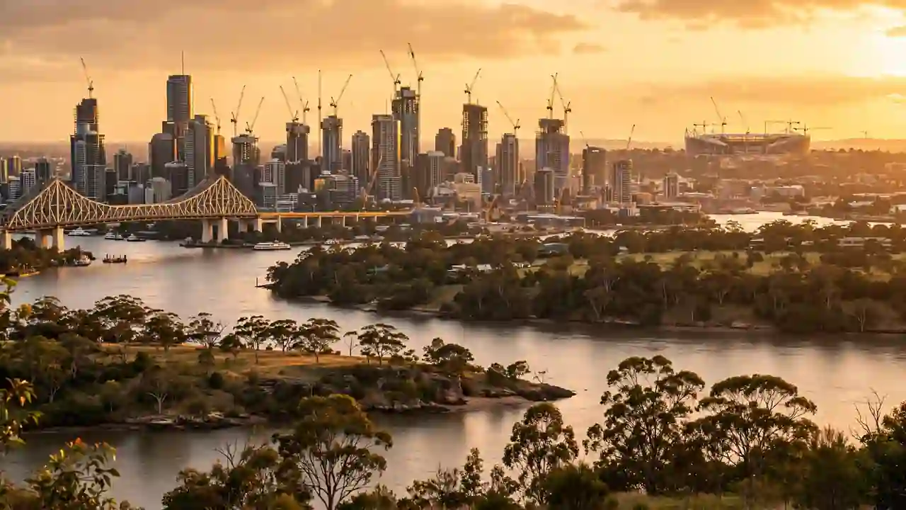 The Brisbane river skyline at golden hour with a modern stadium on the horizon, marking six years to the 2032 opening ceremony.