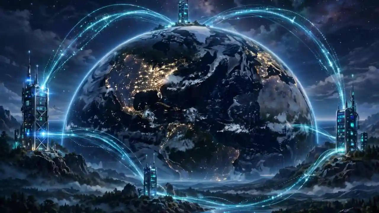 Data travelling between server towers across a globe at night