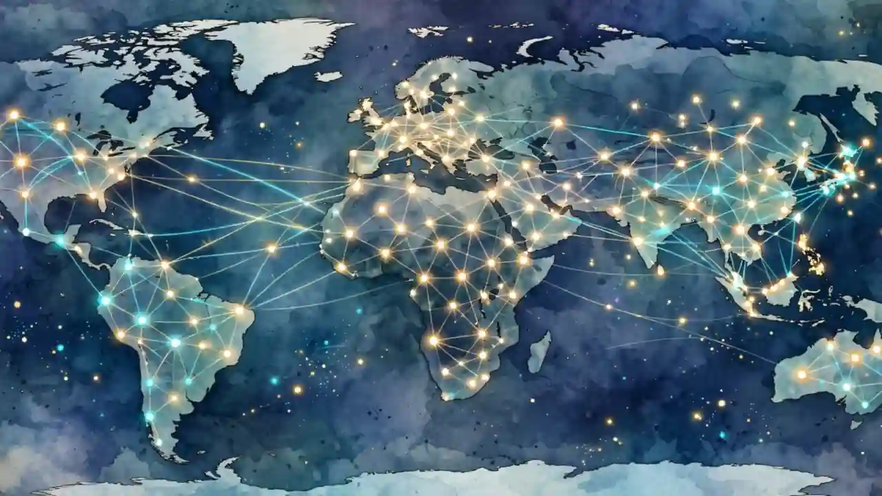 World map with glowing network nodes connected across continents