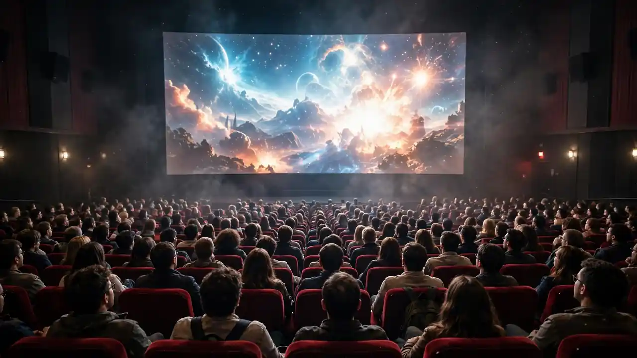Busy cinema auditorium full of people watching a big bright movie screen with red seats