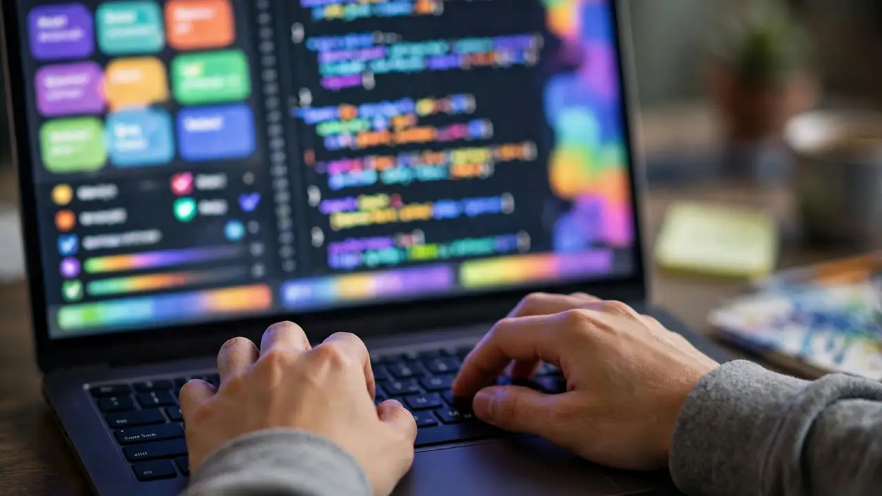 Close-up of a computer screen with colourful coding exercises and code, hands on keyboard