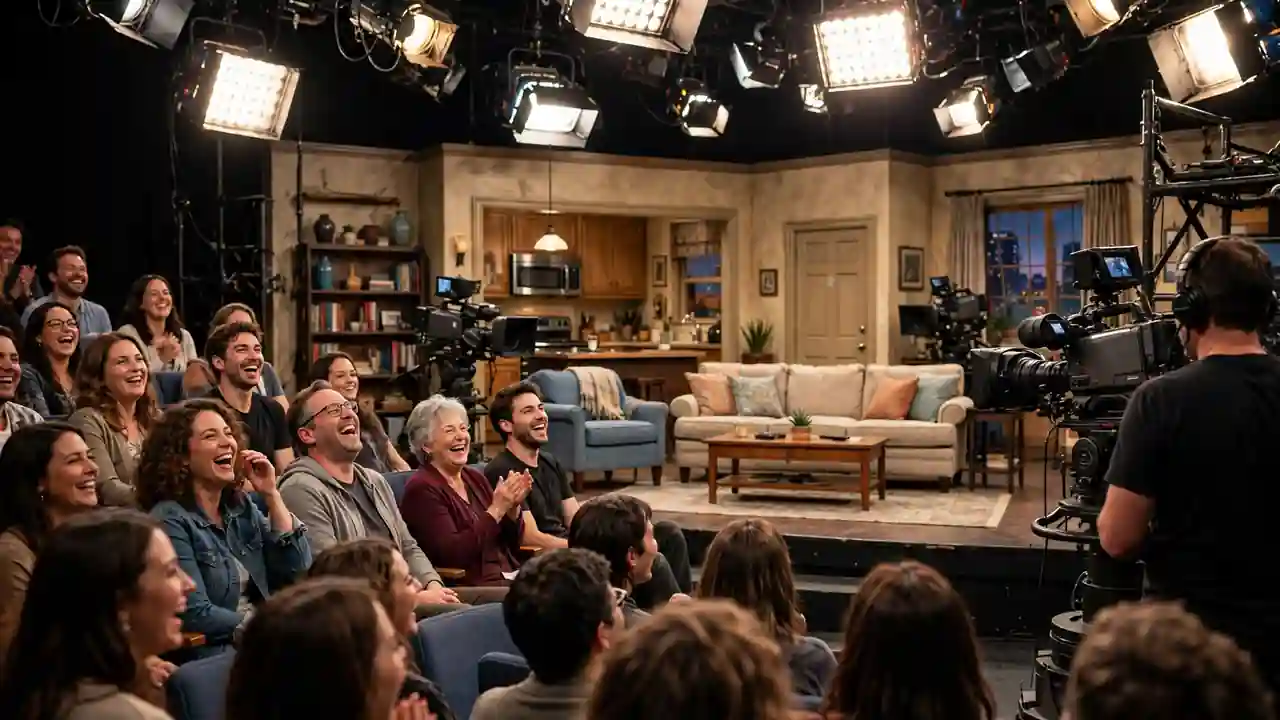 Comedy television studio set with bright stage lights and a laughing audience