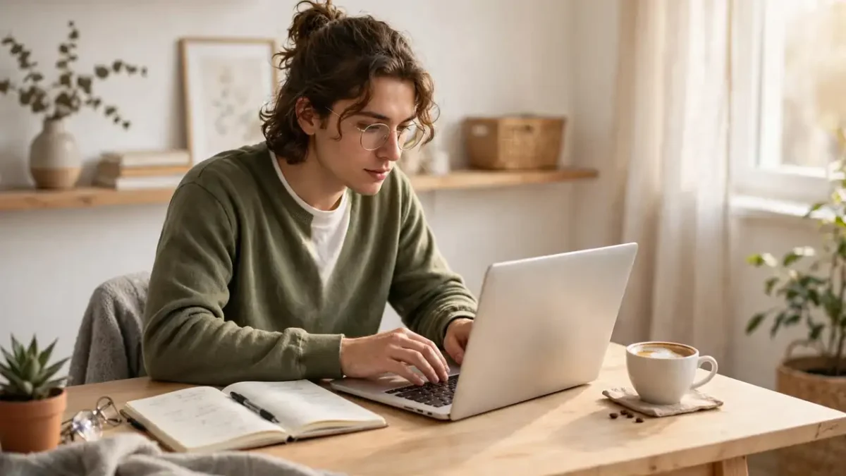 A person studying an online course on a laptop at a bright home desk with a notebook and coffee.