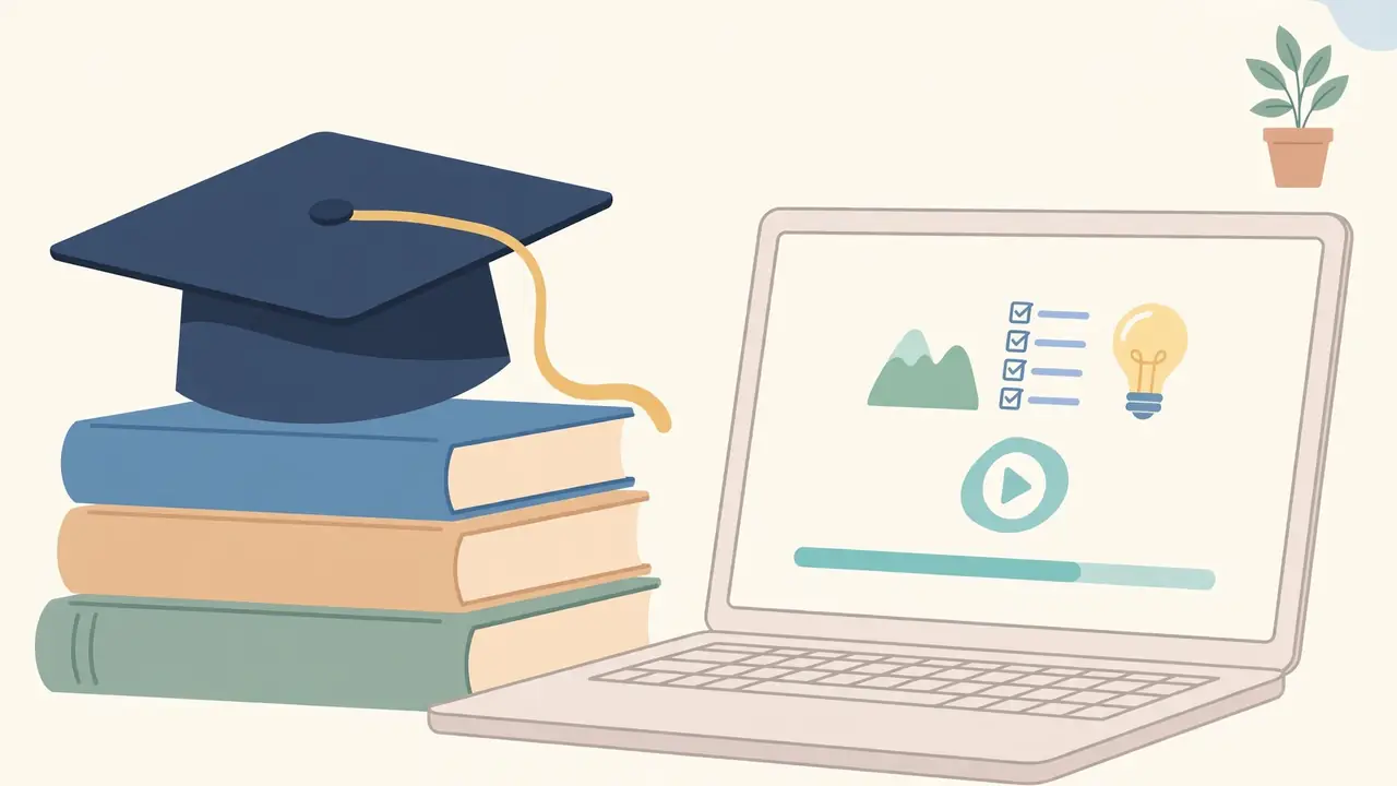 A graduation cap on a stack of books beside a laptop showing an online course.