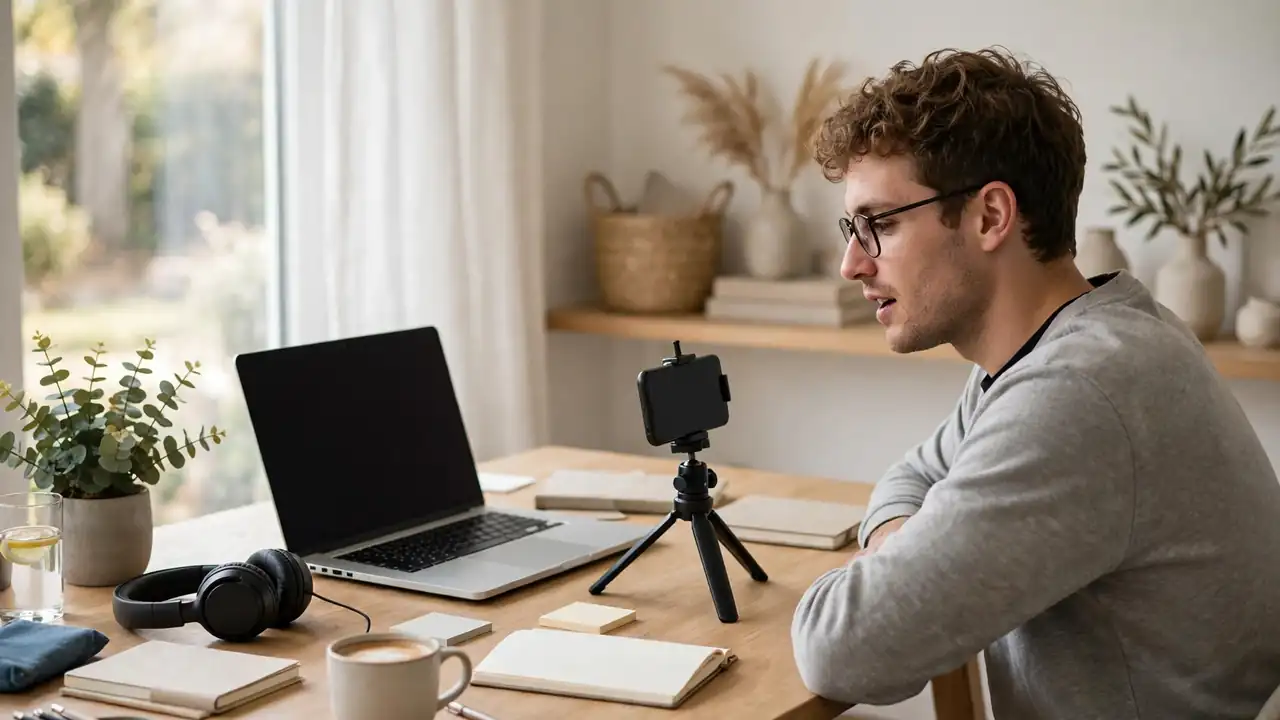 A creator filming a short tutorial video at a tidy desk with a phone on a tripod.