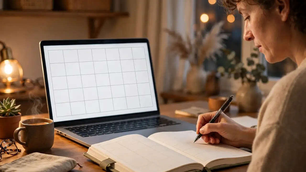A person writing notes in a paper planner beside a laptop with a calendar.