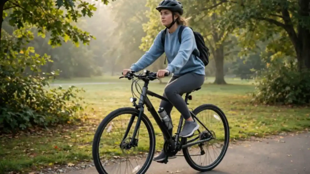 A beginner cyclist riding a hybrid bicycle on a quiet park path in morning light