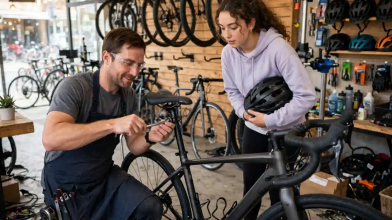 A bike shop worker adjusting the saddle height of a bicycle for a beginner rider