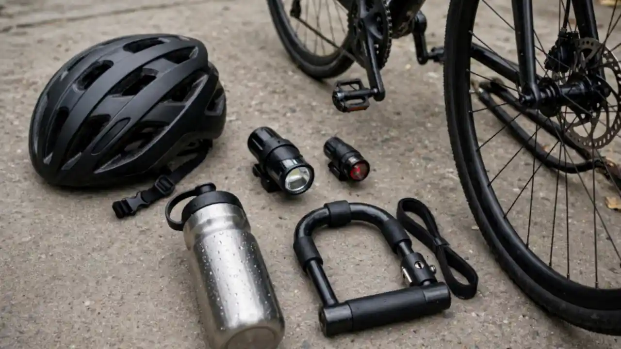 Cycling safety gear laid out neatly including a helmet, lights, water bottle and lock beside a bicycle