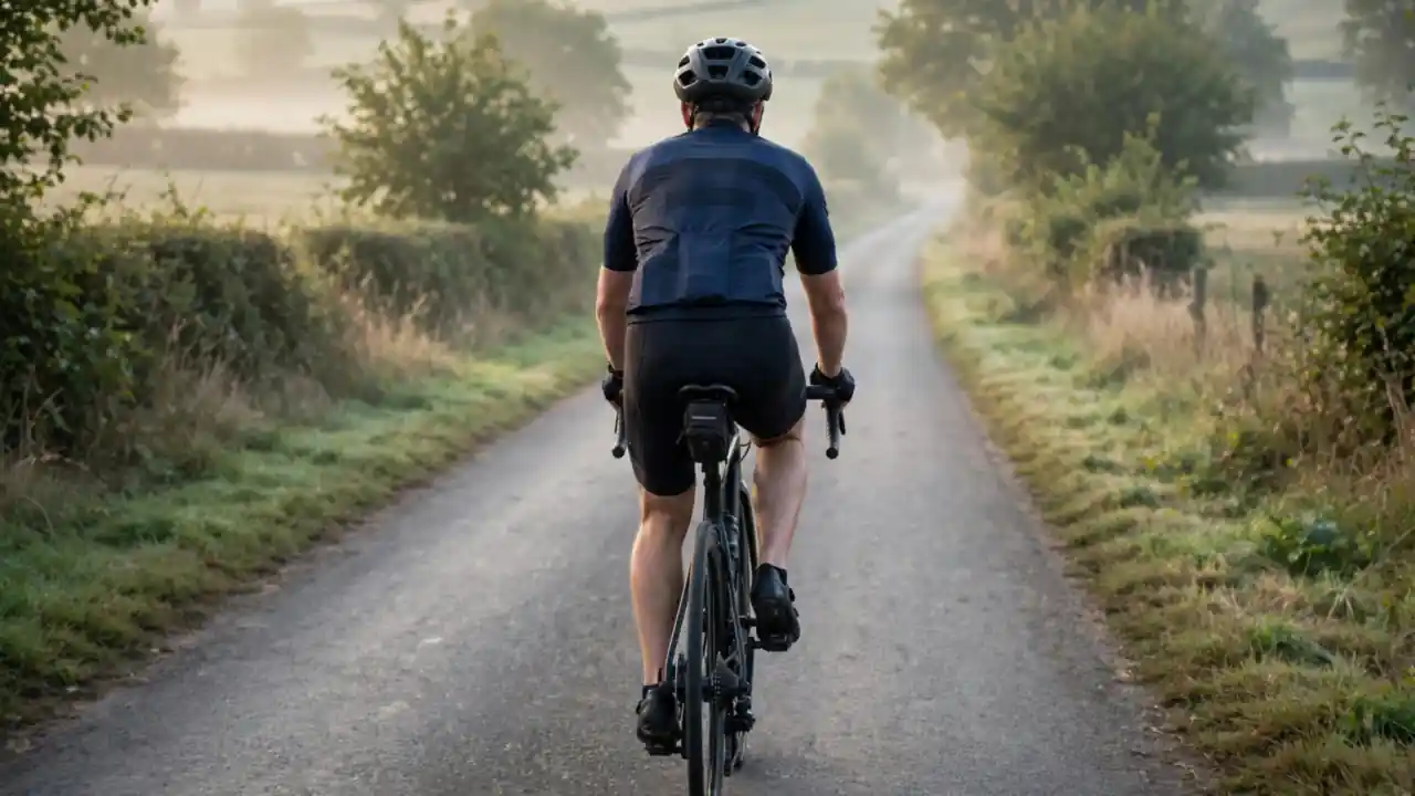 A cyclist wearing a helmet and gloves riding on a quiet country road in morning light