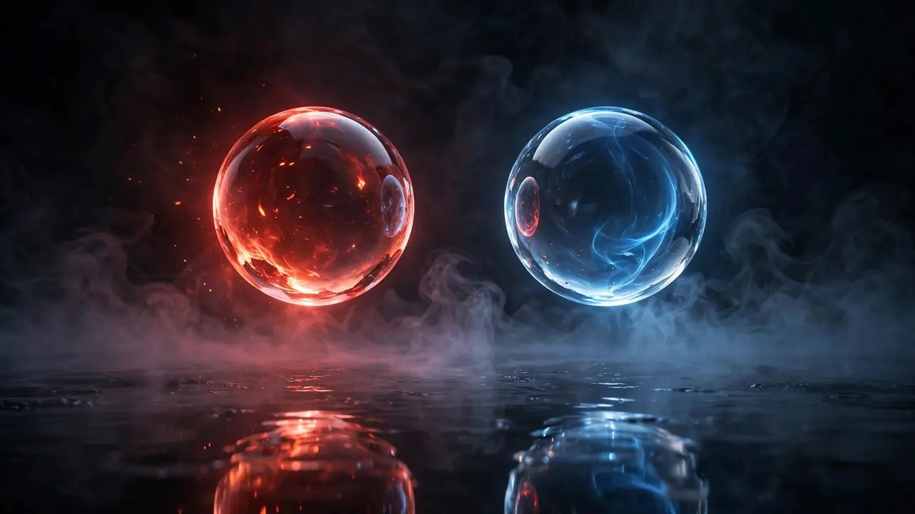 Two glowing orbs, one red and one blue, facing each other symbolizing competition between open and closed AI models